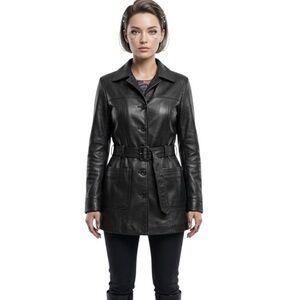 USA Leather Black Leather Coat Jacket Belted Trench Womens Size Large VINTAGE